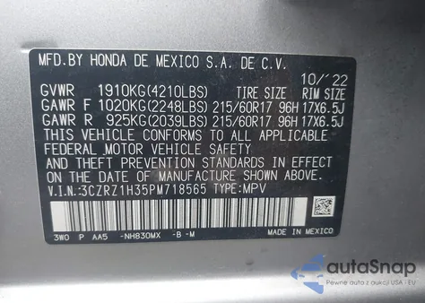 2023 Honda Hr-V 2Wd Lx from USA, damaged, VIN 3CZRZ1H35PM718565